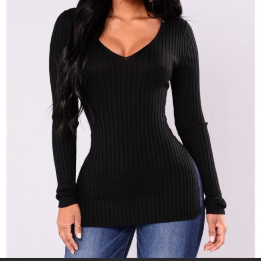 Fashion Nova Black Ribbed V-Neck Sweater